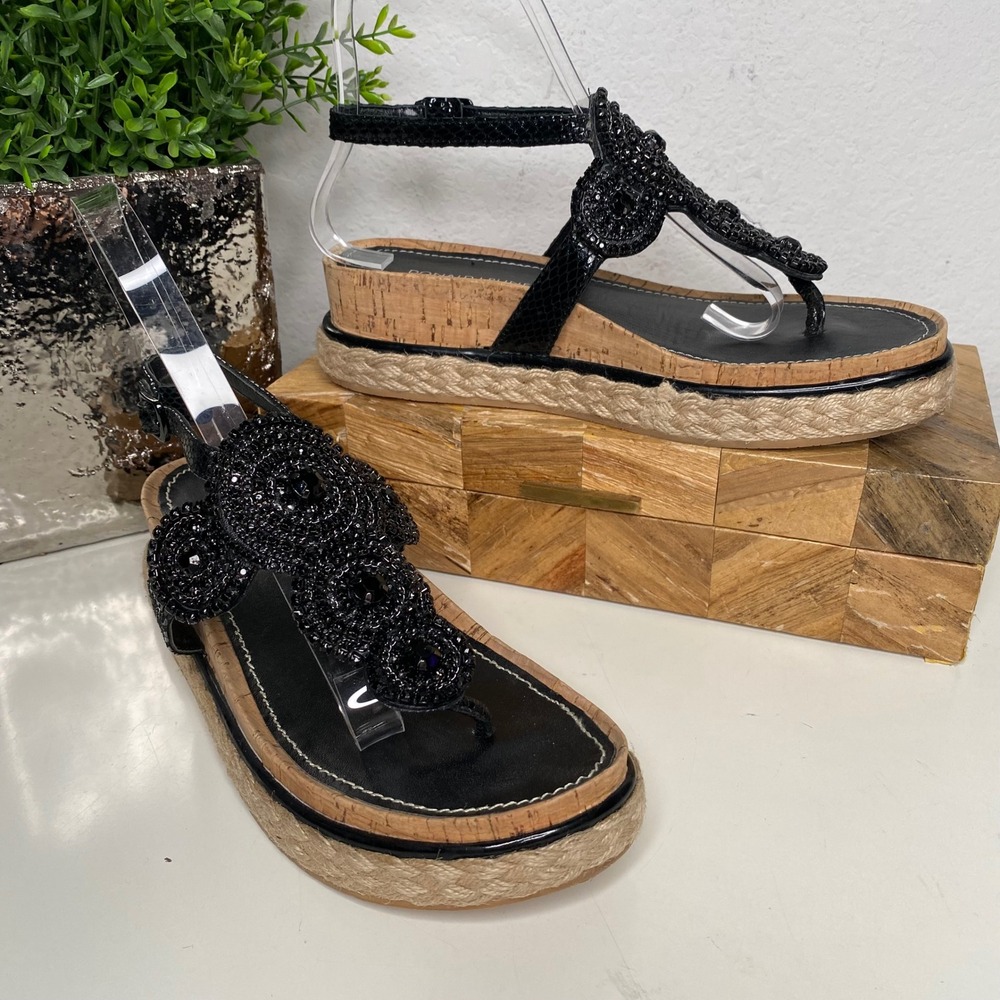Donald J Pliner Cami Black‎ Beaded Wedge Espadrille Sandals Size 6.5 Boho Chic
